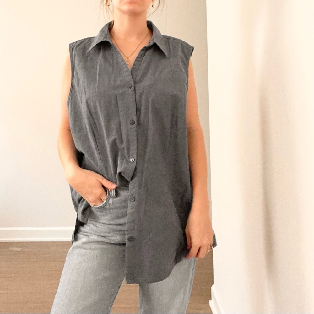 Basic Editions Blue Sleeveless Button-Down Cotton Shirt